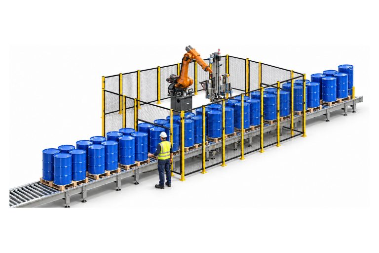 Línea AiCROV Robot Filler para bidones e IBC, con un robot en un pórtico sobre el transportador