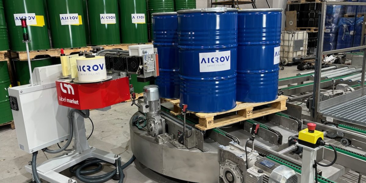 Pallet of drums on the SP3 infeed conveyor
