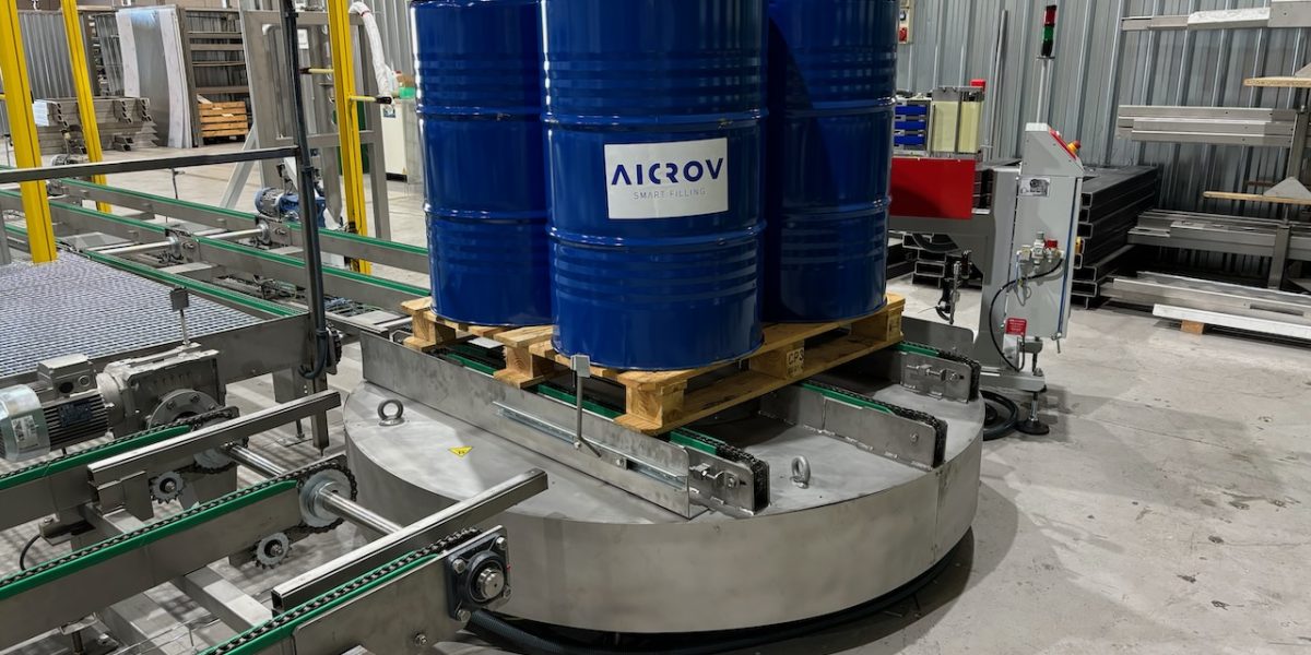 Pallet of drums entering the SP3 filling station