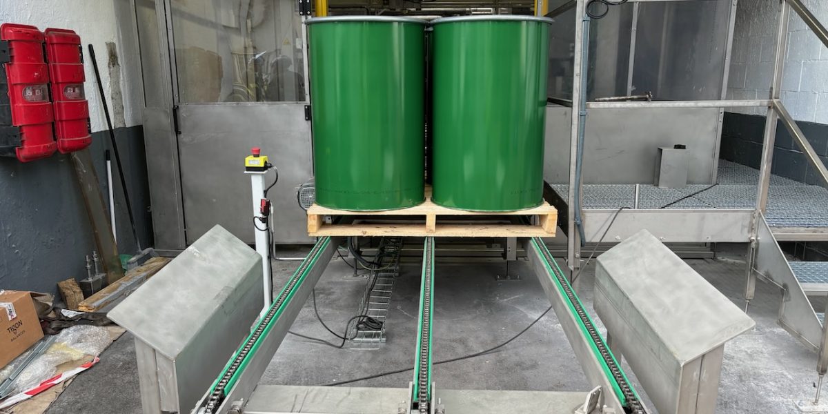Pallet of drums at the SP3 discharge conveyor