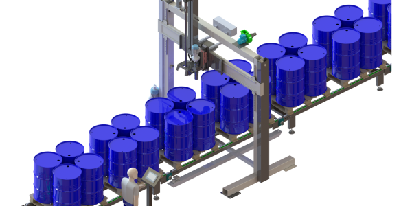 AiCROV SP3 automatic drum and IBC filling machine on a conveyor line