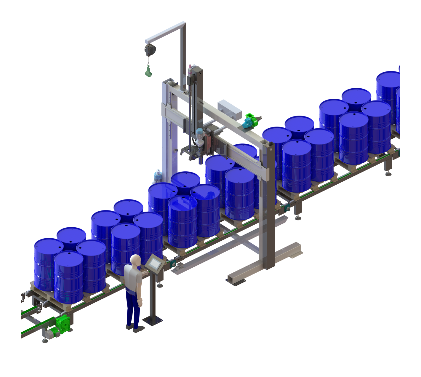 AiCROV SP3 automatic drum and IBC filling machine on a conveyor line